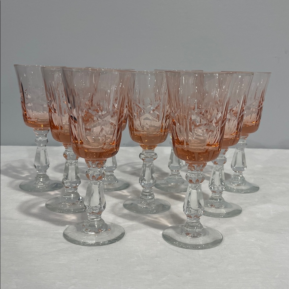 Mid-century Modern Elegant Pink Cut Crystal 4oz apéritif Wine Glasses Set of 9